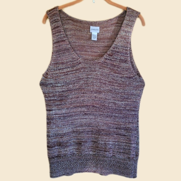 CHICOS HOLIDAY STYLE Sz 2 (Medium) Twin Set Cardigan Tank Brown/Gold Metallic 🌟 - Picture 2 of 4